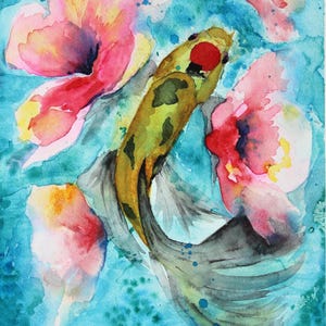 Blank 5 x 7 Zoll Anlass Karten faltbar auf Fine Art Leinenpapier Set von 5 Blau Wasser golden Koi Fisch rosa Mohn Aquarell