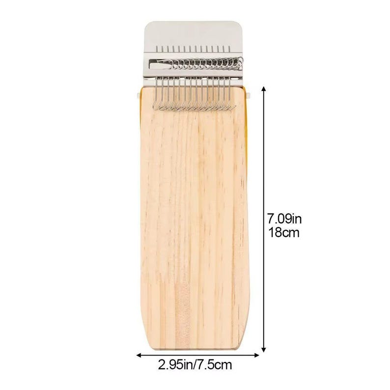 May include: A wooden weaving loom with metal parts. The loom is rectangular, measuring 18cm long and 7.5cm wide. It has metal teeth and a metal top section. The dimensions are also given in inches: 7.09in x 2.95in.