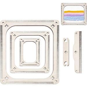 May include: A set of wooden weaving looms in various sizes, along with a comb and shuttle. The looms are square or rectangular with notched edges and star-shaped cutouts. One loom has colorful woven threads.