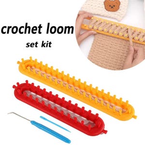 May include: A crochet loom set kit featuring one yellow and one red elongated plastic loom with pegs, a blue handled metal hook tool, and a blue plastic needle. The image includes text that reads crochet loom set kit.