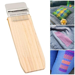 May include: A wooden weaving loom with a metal top and hooks. The loom is rectangular with a light wood grain finish. Additional images show examples of woven patches on denim fabric, showcasing colourful thread patterns.