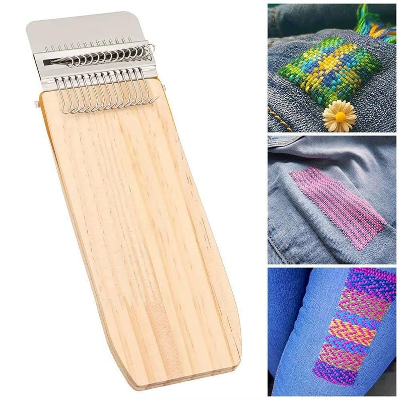 May include: A wooden weaving loom with a metal top and hooks. The loom is rectangular with a light wood grain finish. Additional images show examples of woven patches on denim fabric, showcasing colourful thread patterns.