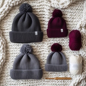 May include: Four knitted beanies in shades of grey and burgundy with matching pom-poms. Two skeins of yarn, a crochet hook, and a ball of white yarn are also present. The beanies have a ribbed design and small white tags.