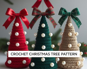 May include: Crocheted Christmas tree ornaments in red, green, and tan, adorned with white pearl beads. Each tree is topped with a decorative bow in coordinating colors. The text "CROCHET CHRISTMAS TREE PATTERN" is displayed on the image.