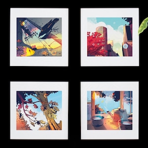 Könnte beinhalten: Ein weiß gerahmtes Kunstwerk mit vier quadratischen Drucken. Jeder Druck zeigt eine farbenfrohe Illustration verschiedener Szenen, darunter eine Stadtlandschaft, ein Baum und ein Teeservice. Das Kunstwerk ist vor einem schwarzen Hintergrund ausgestellt.