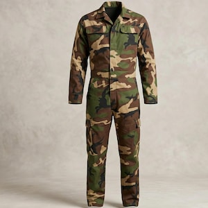 May include: A full-body camouflage jumpsuit in shades of green, brown, and tan. The long-sleeved garment features a collared neckline, two chest pockets, and two cargo pockets on the legs. The jumpsuit is designed for utility and outdoor wear.