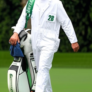 May include: A person wearing a white jumpsuit with the number 28 on the chest, carrying a golf bag and a blue towel. The golf bag is white and black with green accents. The person is walking on a green surface.