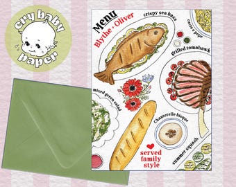 Puede incluir: Una tarjeta de menú dibujada a mano con fondo blanco e ilustraciones coloridas de alimentos. El menú se titula "Blythe + Oliver" y ofrece platos como lubina crujiente, cacio e pepe, tomahawk a la parrilla, ensalada verde mixta, bisque de rebozuelos y calabacín de verano. El texto "servido al estilo familiar" está escrito en rojo.