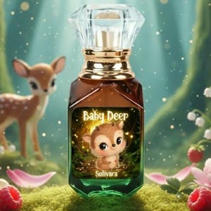 May include: A perfume bottle with a diamond-shaped cap and gold accents. The bottle is labeled "Baby Deep" with an illustration of a baby deer. The background features a forest scene with a deer, flowers, and berries.