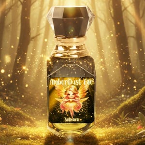 May include: A perfume bottle with a crystal top and a black cap. The bottle contains a golden liquid and features a label with the words "AmberDust Fae" and a fairy illustration. The background is a forest scene with sunlight.