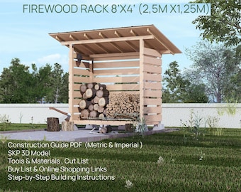 Könnte beinhalten: Ein Holz-Brennholzregal, 2,5 m x 1,25 m, mit Lamellendesign und Satteldach. Das Regal ist mit geschnittenen Holzscheiten gefüllt und befindet sich in einem grasbewachsenen Außenbereich. Der Text auf dem Bild enthält "FIREWOOD RACK" und Bauanleitungen.