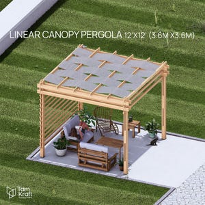 Könnte beinhalten: Holzpergola mit grauem Vordach, 3,6 m x 3,6 m. Die Struktur hat eine Lamellenseite und ist mit Sitzgelegenheiten im Freien, einem kleinen Tisch und Topfpflanzen ausgestattet. Der Text "LINEAR CANOPY PERGOLA 12'X12' (3.6M X 3.6M)" ist sichtbar.