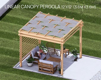 May include: A wooden pergola with a gray canopy, measuring 12'x12'. The structure features a slatted side and is furnished with outdoor seating, a small table, and potted plants. The text "LINEAR CANOPY PERGOLA 12'X12' (3.6M X 3.6M)" is visible.