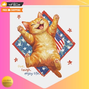 Decorazione da parete con gatto patriottico / Decorazione con gatto "Vivi, ridi, goditi la vita" / Striscione con gatto americano / Gatto del 4 luglio / Stampa artistica con animali dalle vibrazioni positive