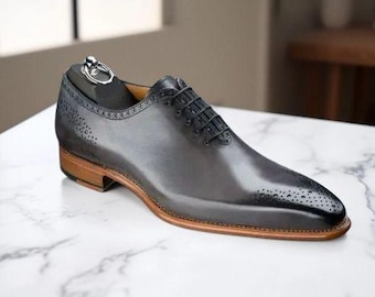 Handmade Mens Oxfords Brogue shoes, Gray leather dress shoes for Mens