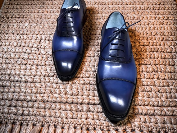 Handmade men blue leather oxford shoes, formal dress leather office shoes mens