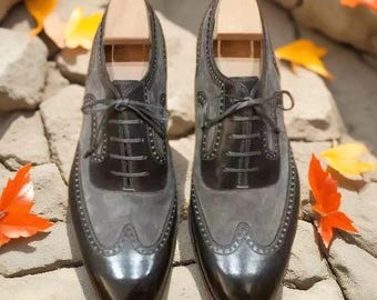 Handmade Mens Grey Shoes Oxford Formal Dress Suede & Leather Shoes For Men