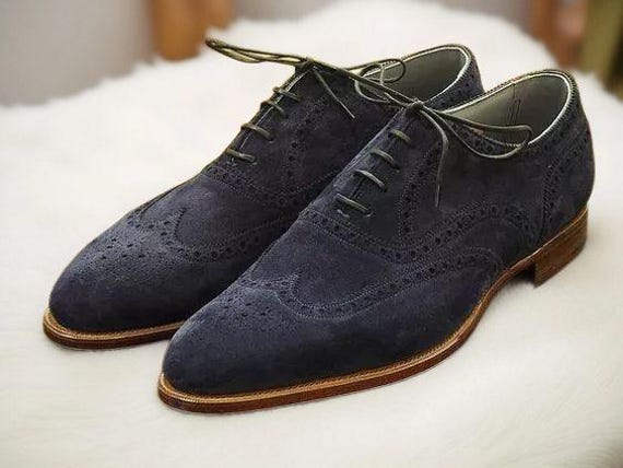 Handmade Men Navy Blue Leather Suede Shoes, Men Wingtip  display picture 1