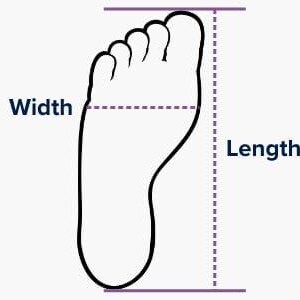May include: A black outline drawing of a human foot on a white background. The diagram features purple dashed lines indicating the width across the ball of the foot and the total length from the heel to the tip of the longest toe, labeled Width and Length.