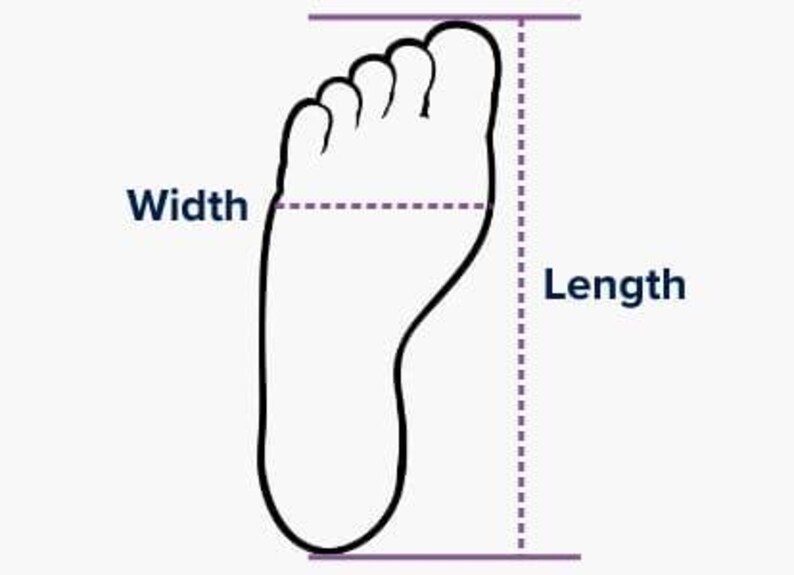 May include: A black outline drawing of a human foot on a white background. The diagram features purple dashed lines indicating the width across the ball of the foot and the total length from the heel to the tip of the longest toe, labeled Width and Length.