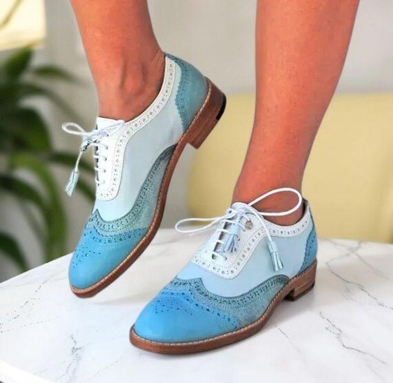 Handmade Women's Sky Blue Leather and Suede Oxford Wingtip Lace Up Dress Shoes