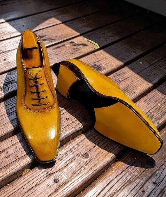 Handmade Yellow Leather Oxford Dress Shoes for Men, Formal Embossed Calfskin Footwear