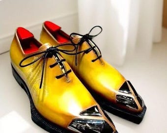 New Men Shoes Handmade Leather Yellow Whole cut Brogue Formal Casual Lace up