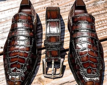 Mens Handmade Brown Alligator Texture Leather Moccasin Shoes Formal Dress Shoes