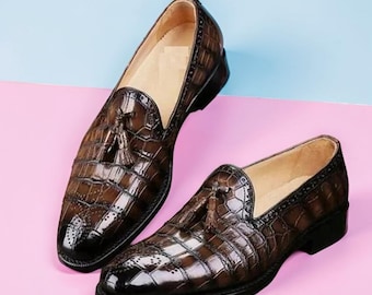 Men's Handmade Alligator Pattern Leather Shoes Loafers Formal Casual Boot
