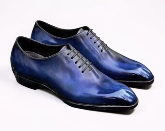 Handmade Blue Leather Patina Shaded Oxford WholeCut Lace Up Dress Shoes