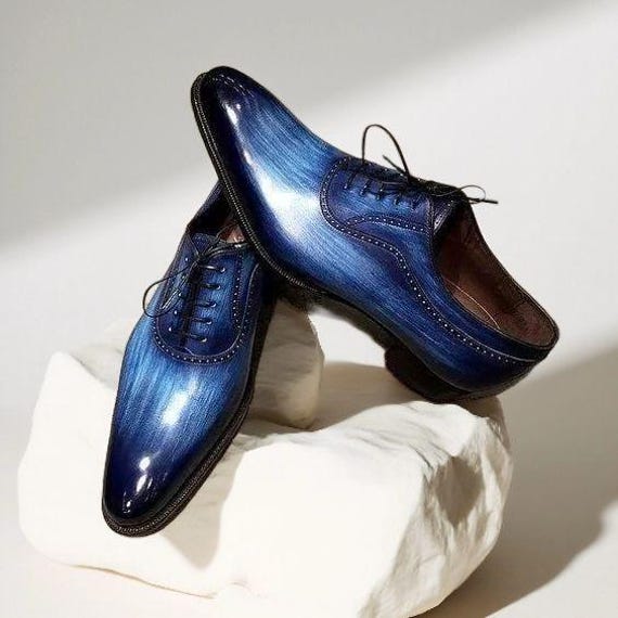 Men's Pure Handmade Blue Patina Leather Lace Up Oxford Dress/Formal Shoes