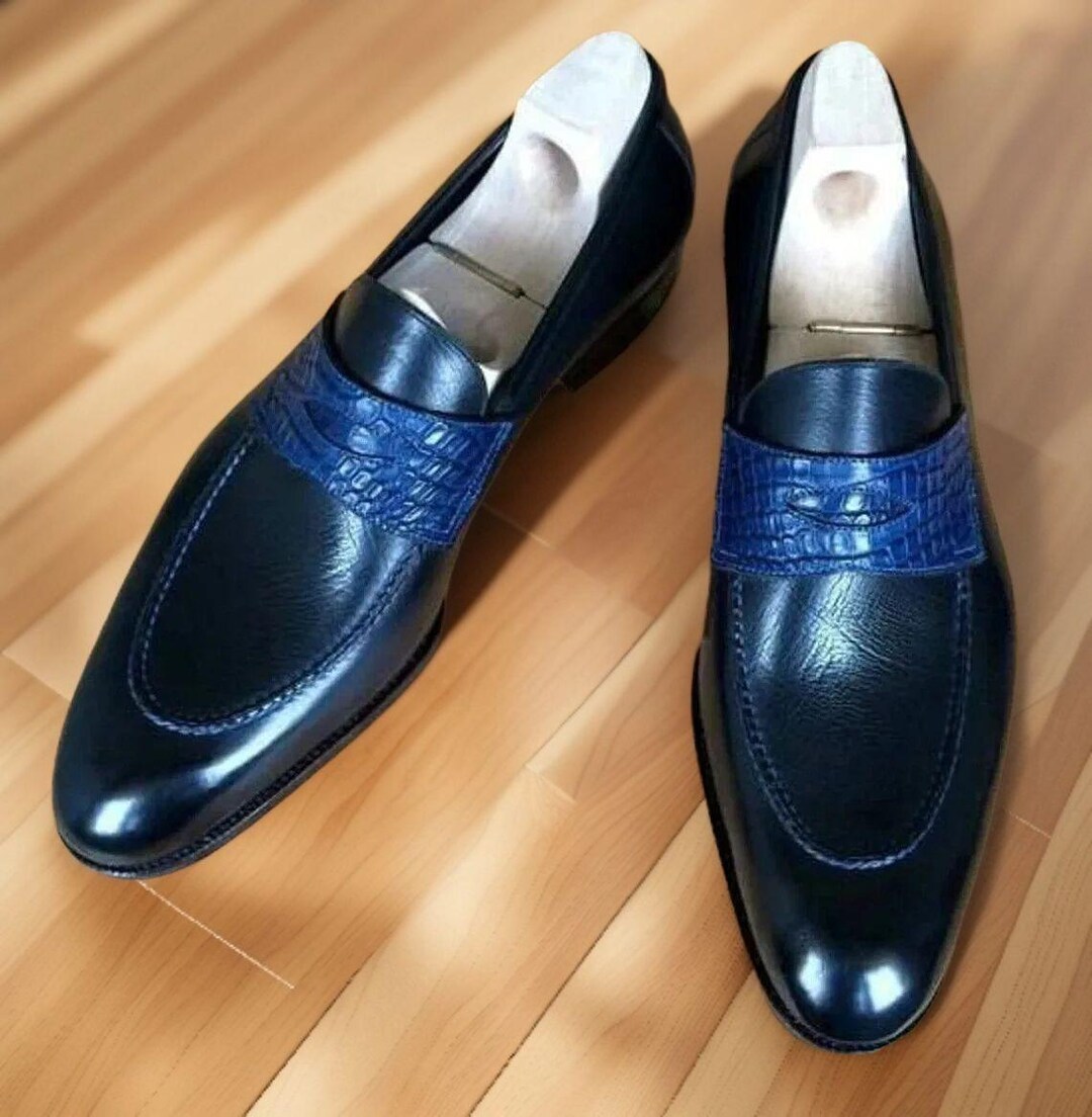 Genuine Shoes Leather Handmade Blue Slip on Loafers Men's Leather Formal  Dress - Etsy Ireland