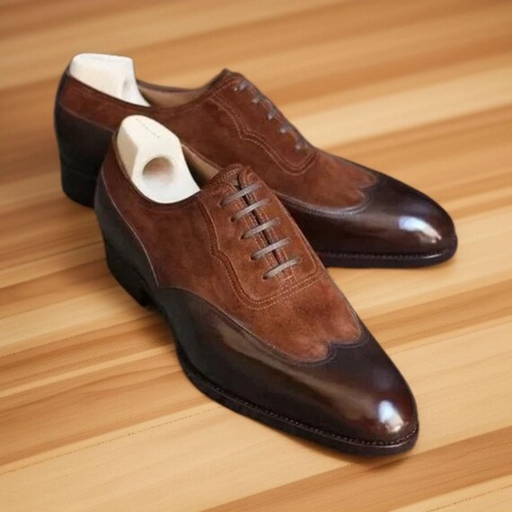 Handmade Brown Leather & Suede Oxford Shoes Formal Lace up  display picture 1