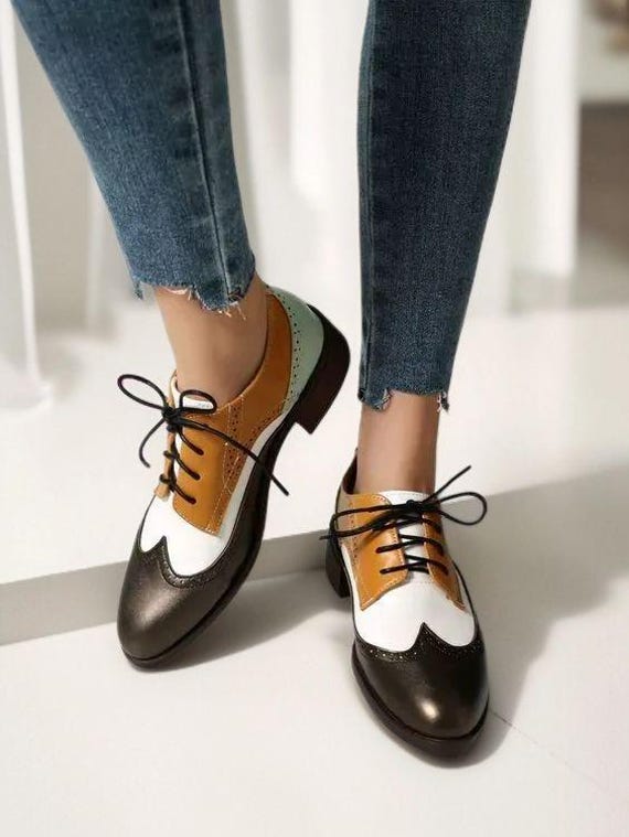 Handmade Women 3 tone dress shoes wingtip dress leather shoes for Women