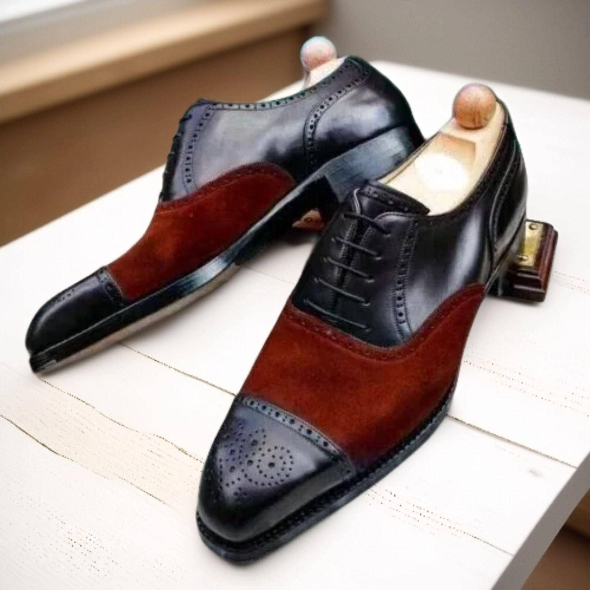 UNDANDY Two-Tone Oxford Shoes Mens Size 44 US 11 Brown Black Suede Leather Dress Undandy Custom Blue/Beige Oxfords - US 10.5 - 11 main image 3