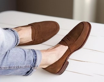 Men New Handmade Brown Suede Leather Penny Loafer Shoes, Casual Suede Slip ons