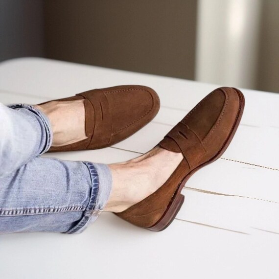 Men New Handmade Brown Suede Leather Penny Loafer Shoes  display picture 1