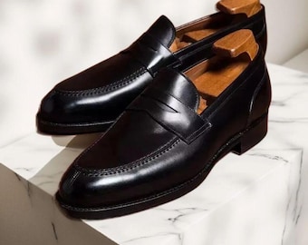 Handgefertigte formelle Mokassins Anzug Schuhe, schwarzer Büroschuh, echtes Leder Herrenschuhe