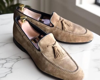 Handmade Beige Suede Leather Formal Slip On Dress Tasseled Loafer Shoes For Men