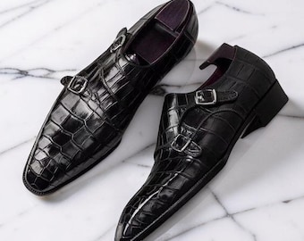 Handmade men black crocodile monk shoes, formal dress leather shoes for mens