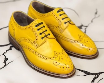 Men's Handmade Yellow Leather Lace-Up Oxford Wingtip Brogue Bespoke Shoes