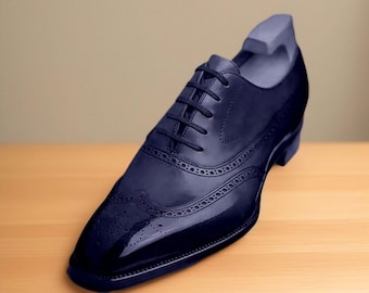 mens genuine leather dress shoes Men Handmade Blue Oxford Lace-up Wingtip Formal Shoe men's casual dress shoes