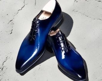 Handmade Leather Oxford Lace up Dress Blue Shaded Boots  display picture 2