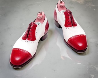 Handmade Real Leather Two Tone Red & White Brogue Oxford Wedding Shoes For Men