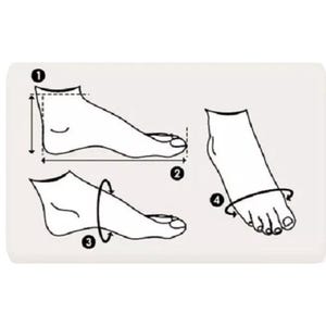 May include: A white instructional diagram featuring black line drawings of a human foot. The graphic illustrates four measurement points labeled with numbers one through four, showing how to measure foot height, length, arch, and width.