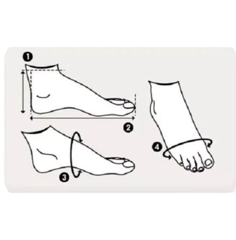 May include: A white instructional diagram featuring black line drawings of a human foot. The graphic illustrates four measurement points labeled with numbers one through four, showing how to measure foot height, length, arch, and width.