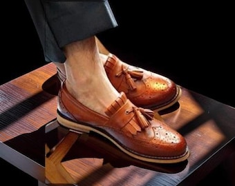 Handmade Men's Tan Wing Tip Brogue Fringes Tassels Slip Ons Dress Leather Shoes