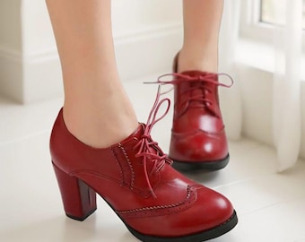 Zapatos Oxford de tacón alto y bloque para mujer, con punta de ala y cordones, zapatos brogue