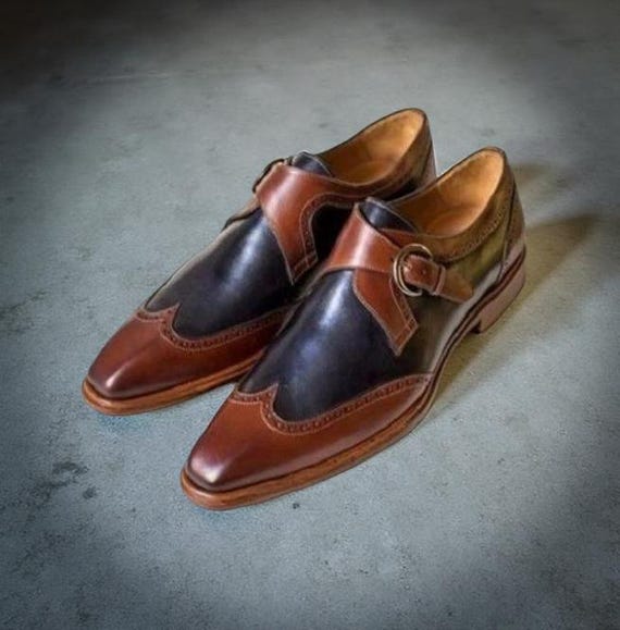 brown and blue dress shoes Handmade Leather Spectator Wingtip Derby Shoes: Brown-Navy Blue