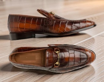 Handmade Men Brown Crocodile textured Leather Moccasin Shoes, Business Formal Shoes